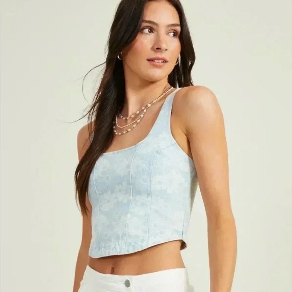Alter'd State Light washed denim crop top with daisy print size L nwt